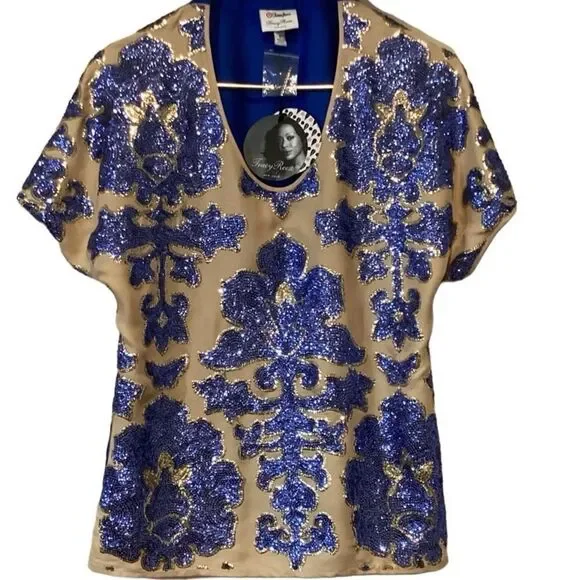 NWT Tracy Reese x Neiman Marcus Blue Sequin Short Sleeve Blouse Top S - Picture 12 of 12